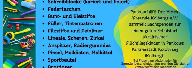 Spendenaktion Sachspenden für Kolberg. Plakat beschreibt die Aktion, die gesuchten Spenden und die Abgabeorte.