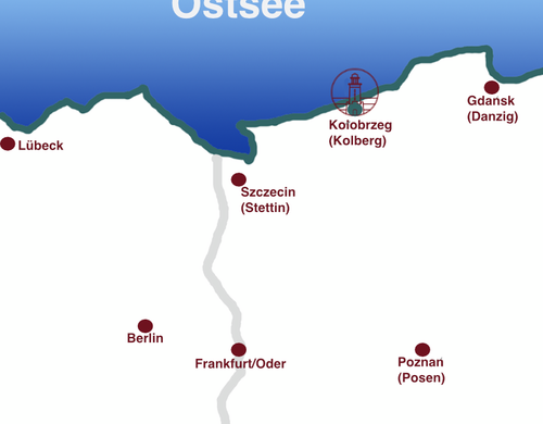Grobe Lagekarte für Kolberg (Kolobrzeg). Erstellung: Kolberg-Café
