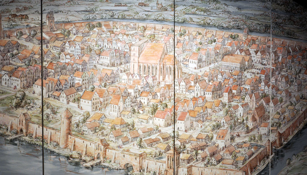 Historisches Kolberg auf einer alten Karte im Stadtmuseum.