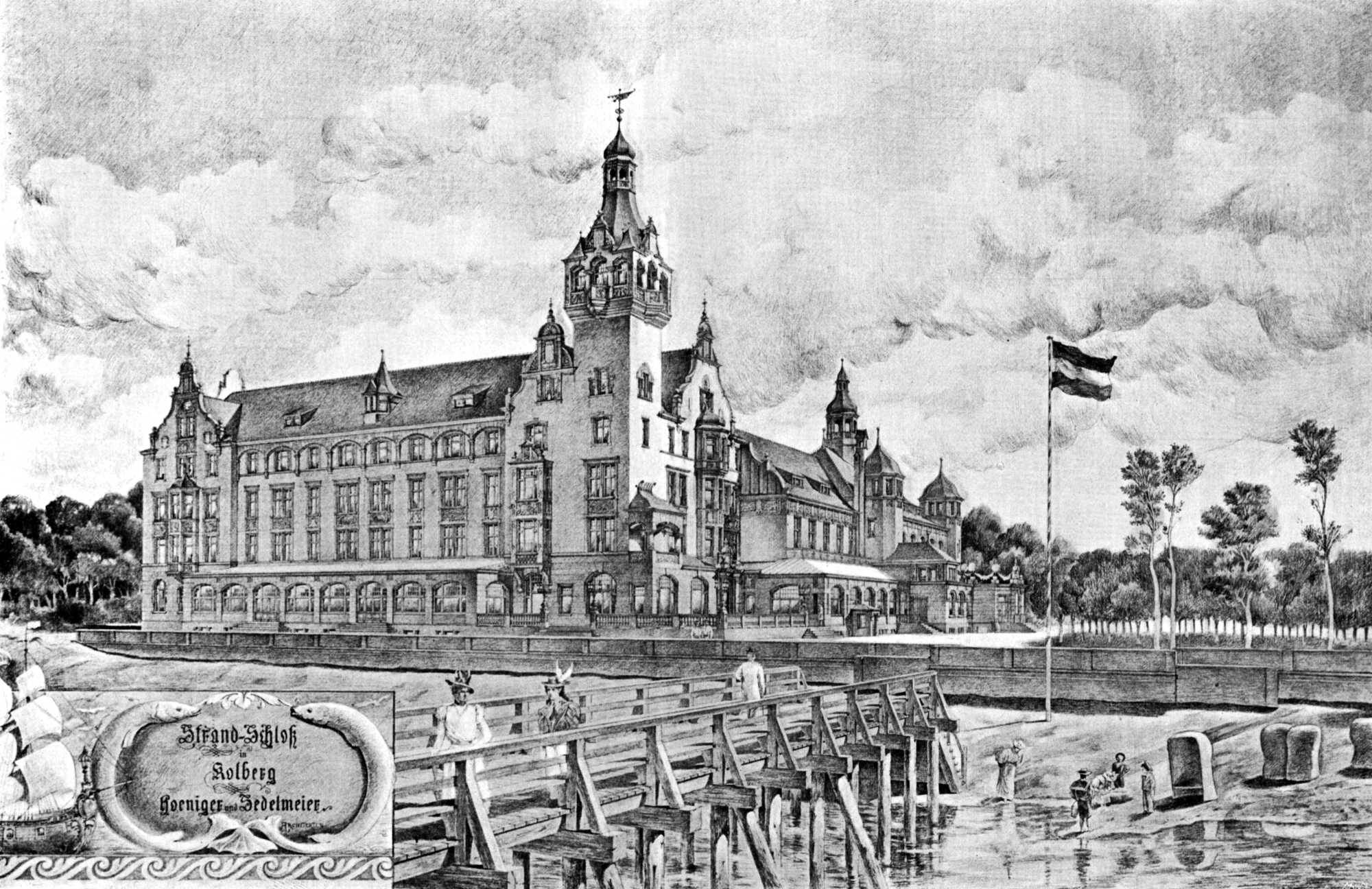 Strandschloss mit Seebrücke um 1900.