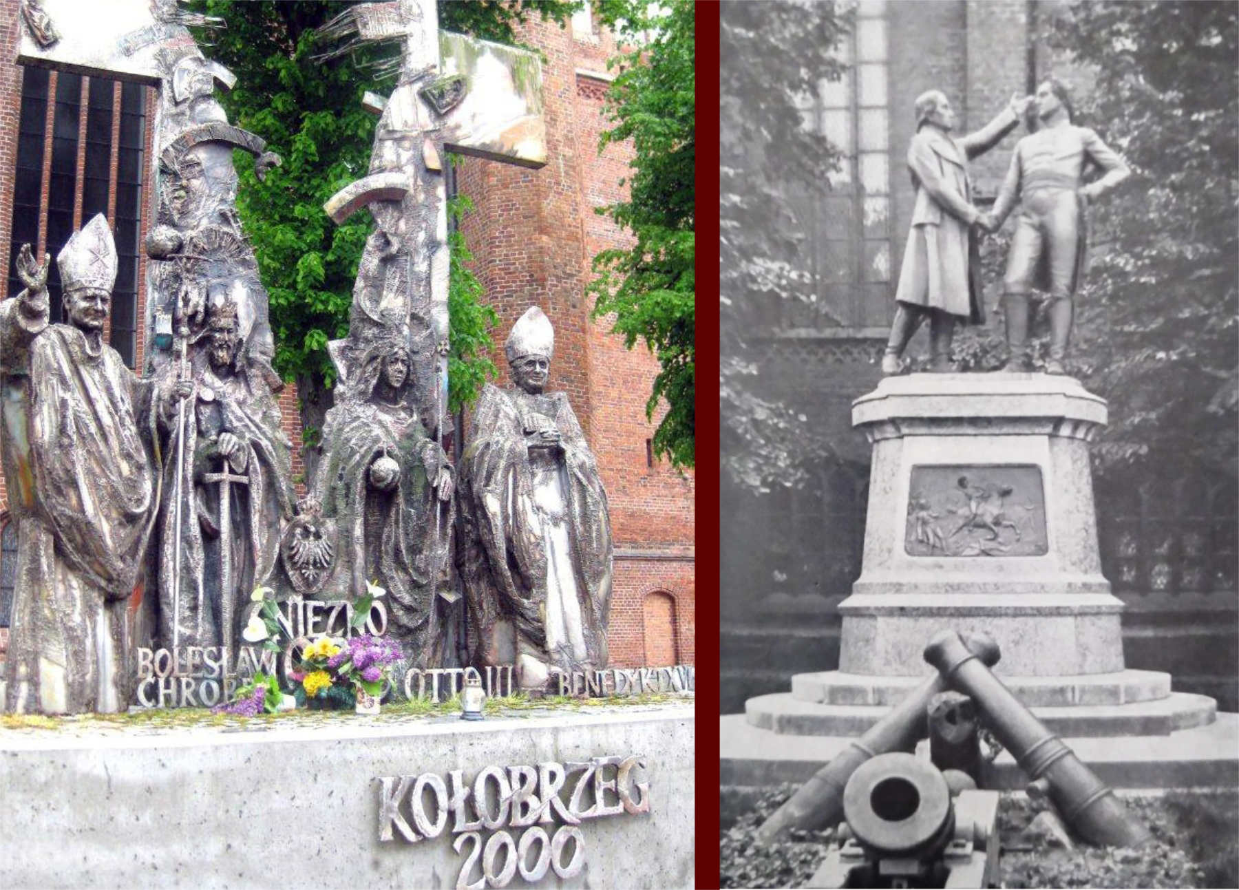 Papst-Kaiser-König-Denkmal und rechts das alte Nettelbeck-Gneisenau-Denkmal vor dem Dom. Foto: Kolberg-Café