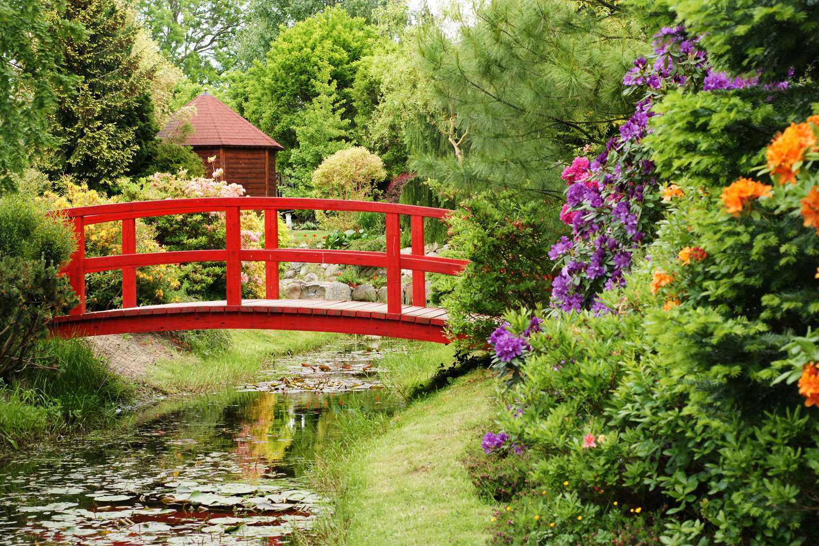 Hortulus-Gärten Kolberg, zu sehen ist ein Weg im Grünen mit Brücke und Gewässer. Foto von Hortulus-Gärten